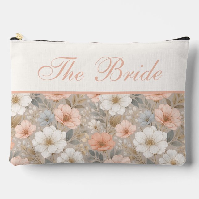Soft White Pink and Blue Flowers on Grey Accessory Pouch (Front)