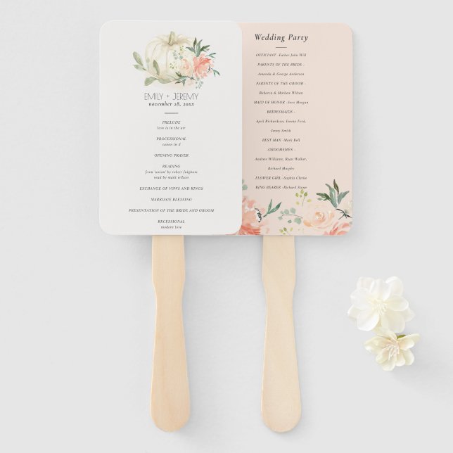 Soft White Pumpkin Blush Floral Wedding Program Hand Fan (Front and Back)