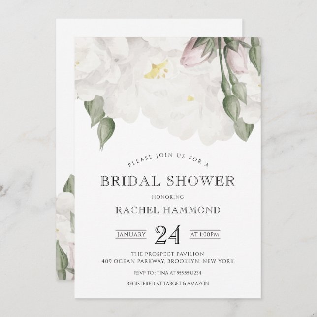 Soft White Roses Bridal Shower Invitation (Front/Back)