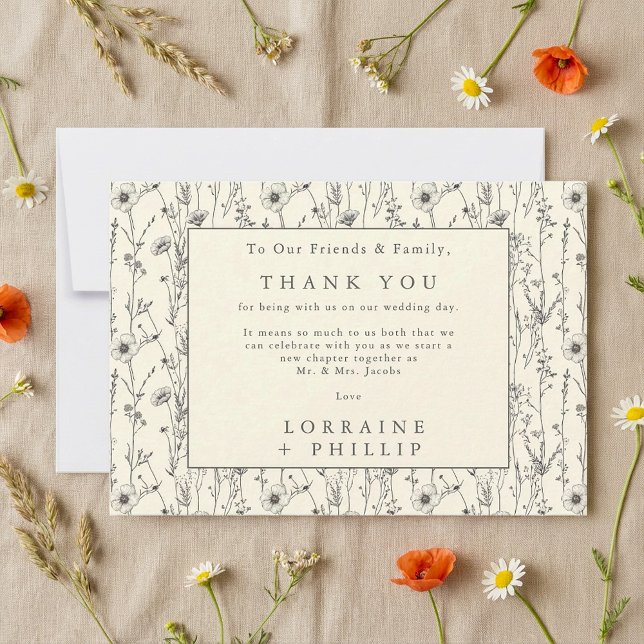 Soft wild flowers seamless pattern wedding thank you card (Soft wild flowers seamless pattern wedding thank you card.)