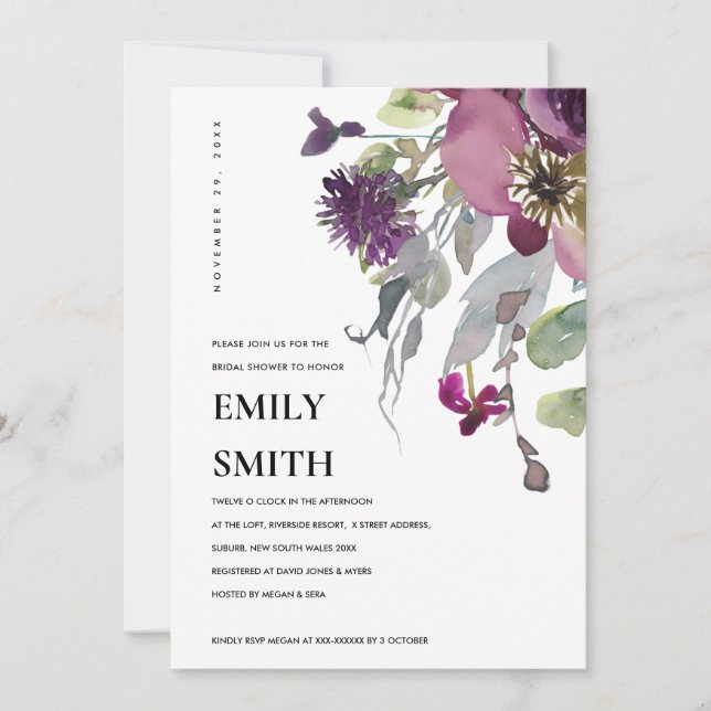 SOFT WILD PURPLE LILAC FLORAL BRIDAL SHOWER INVITE (Front)