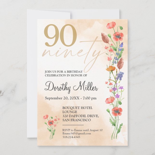 Soft Wildflower 90th Birthday Invite For Her (Front)