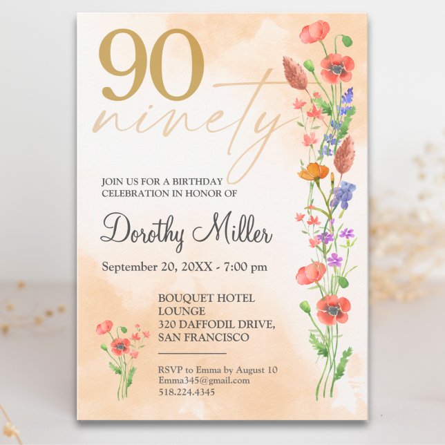 Soft Wildflower 90th Birthday Invite For Her (Creator Uploaded)