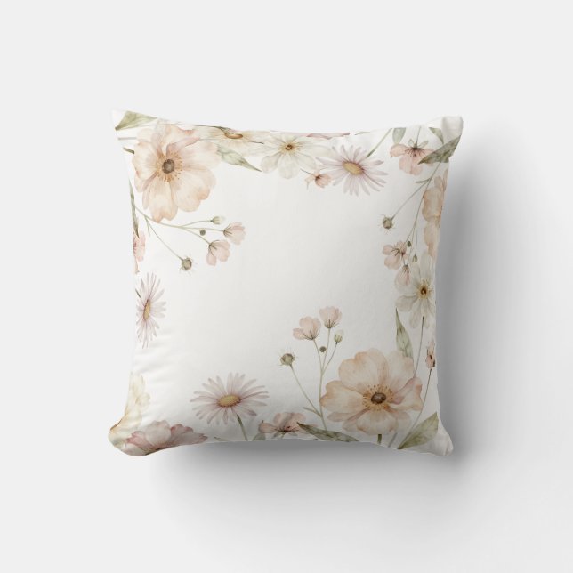 Soft Wildflower Border Watercolor Background Cushion (Front)