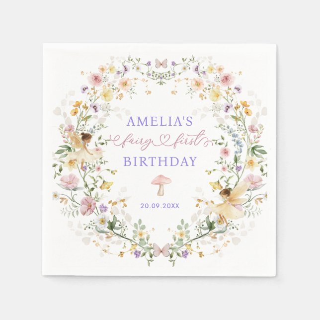 Soft Wildflower Fairy First 1st Birthday Party Napkin (Front)