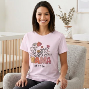 Soft Wildflower Mama Est Year Boho Design T-Shirt