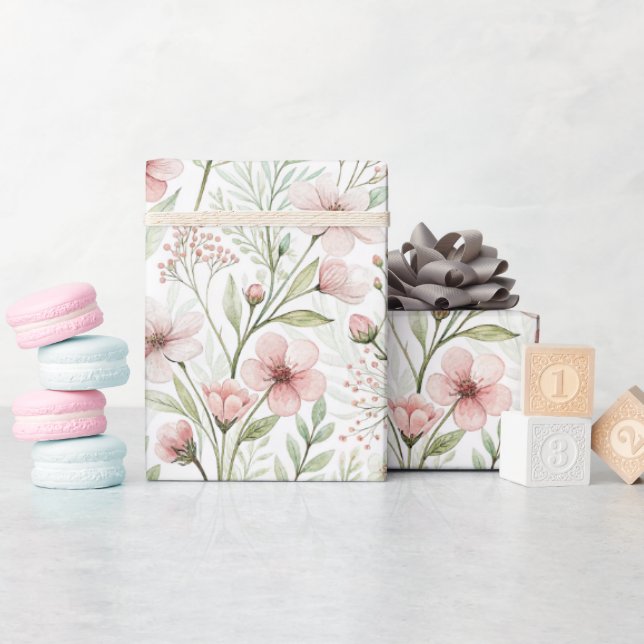 Soft Wildflower Print | Blush & Jade Watercolor Wrapping Paper (Baby Shower)