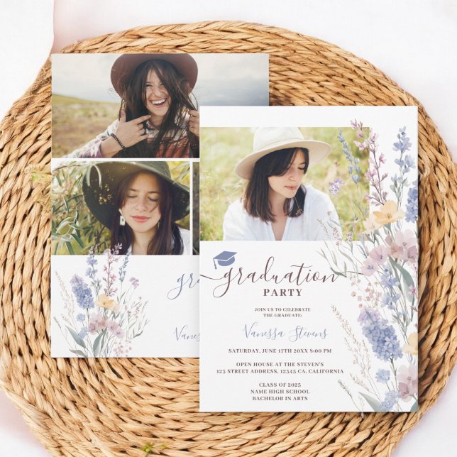 Soft Wildflowers Watercolor 4-Photo Graduation Invitation (Soft Wildflowers Watercolor 4-Photo Graduation Invitation)