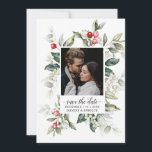 Soft Winter Berry Christmas | Photo Save The Date<br><div class="desc">This delicate watercolor bouquet has traditional Christmas colours, forest green, olive green and cranberry red on bright white. The bride and grooms favourite engagement photo are featured in the centre of the bouquet with the wedding details directly below. On the back side is a coordinating pattern and you can add...</div>