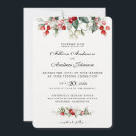 Soft Winter Berry Christmas Wedding Invitation<br><div class="desc">This delicate watercolor wreath has traditional Christmas colours, forest green, olive green and cranberry red on bright white. The bride and grooms names are featured in the centre of the wreath with the remaining wedding details directly below. All text can be edited to suit the needs of your event. The...</div>