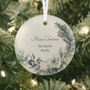 Soft winter greenery personalised Christmas Glass Tree Decoration