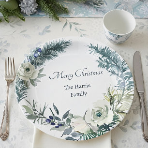 Soft winter greenery personalised Christmas Paper Plate