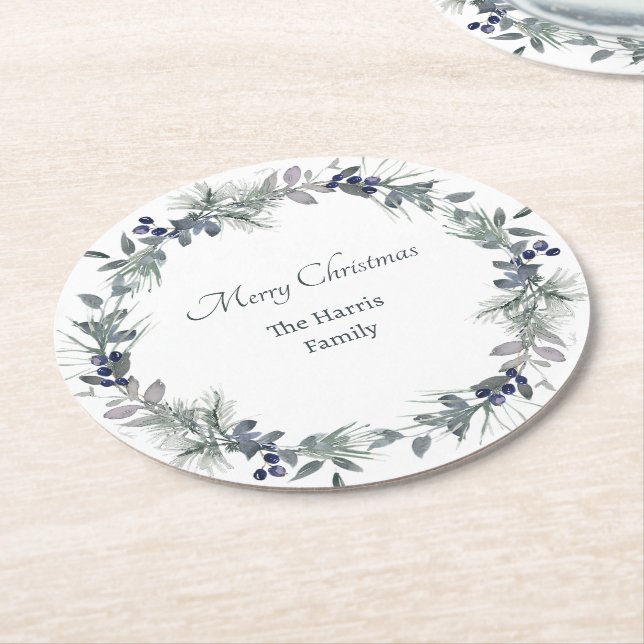 Soft winter greenery wreath personalised Christmas Round Paper Coaster (Angled)