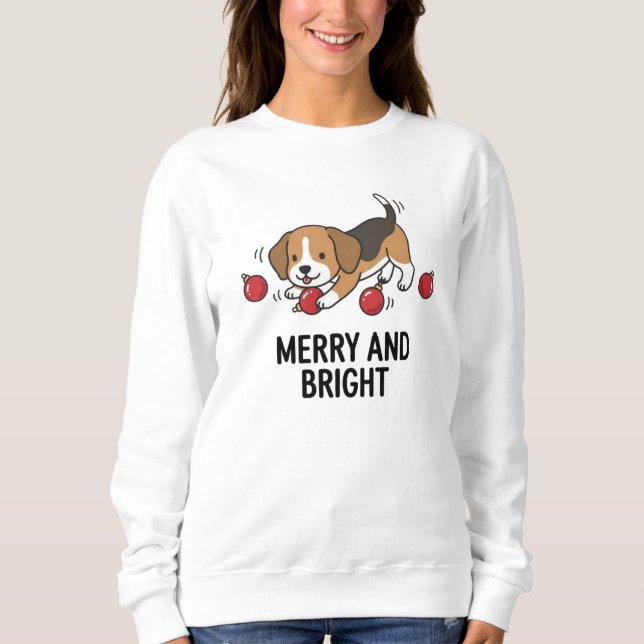 Soft Winter Warm Beagle Dog Merry Bright Design Sweatshirt (Front)