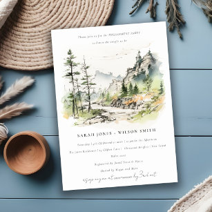 Soft Woods Mountain Landscape Sketch Engagement Invitation