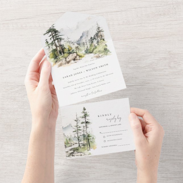 Soft Woods Mountain Landscape Sketch Wedding All In One Invitation (Tearaway)