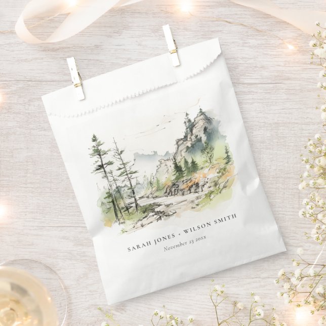 Soft Woods Mountain Landscape Sketch Wedding Favour Bags (Clipped)