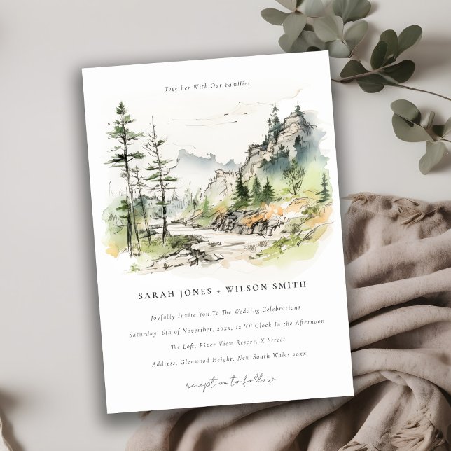 Soft Woods Mountain Landscape Sketch Wedding Invitation (Creator Uploaded)