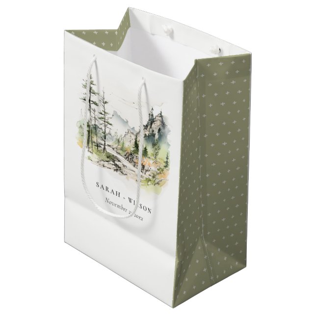 Soft Woods Mountain Landscape Sketch Wedding Medium Gift Bag (Front Angled)