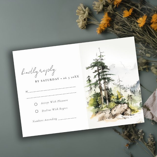  Soft Woods Mountain Landscape Sketch Wedding RSVP Card (Creator Uploaded)