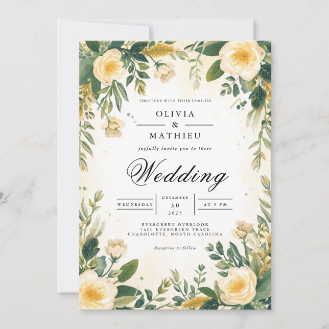 Soft Yellow Floral Botanical Arch Wedding Invitation (Front)