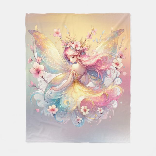 Soft Yellow Floral Fairy Princess Girls Fleece Blanket (Front)