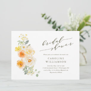 Soft Yellow Floral Watercolor Script Bridal Shower Invitation