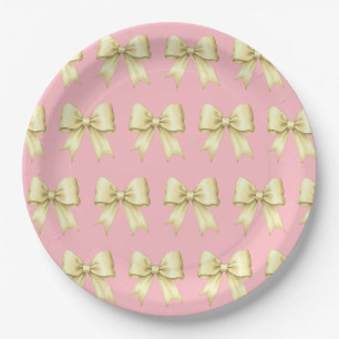 Soft Yellow on Rose Pink Vintage Satin Bow Pattern Paper Plate