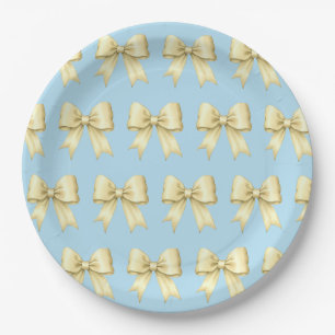 Soft Yellow on Sky Blue Vintage Satin Bow Pattern Paper Plate