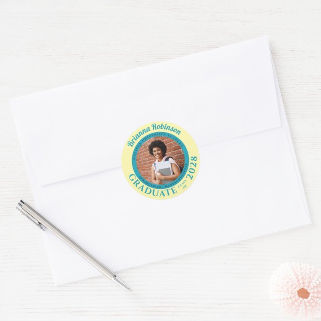 Soft Yellow Photo Modern Graduation  Classic Round Sticker (Envelope)