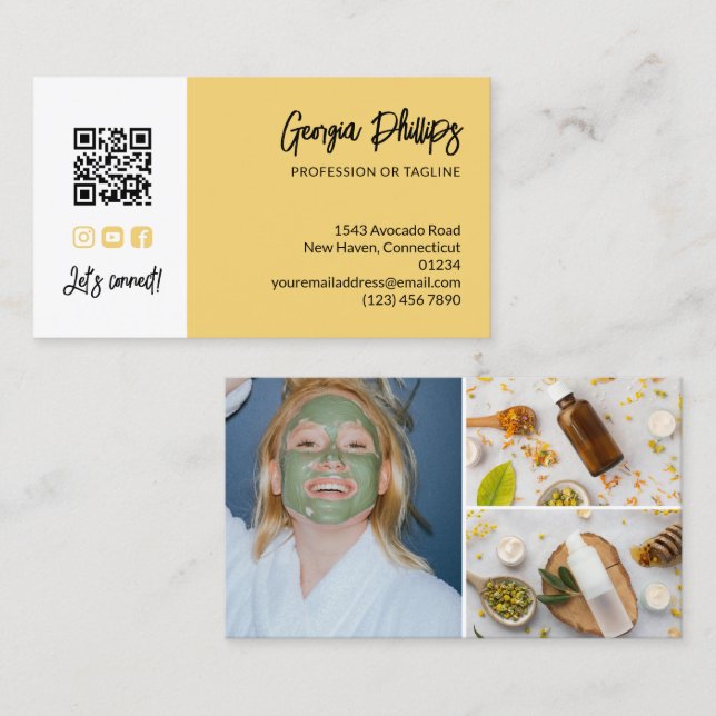 Soft Yellow QR Code 3 Photo Collage Business Card (Front/Back)