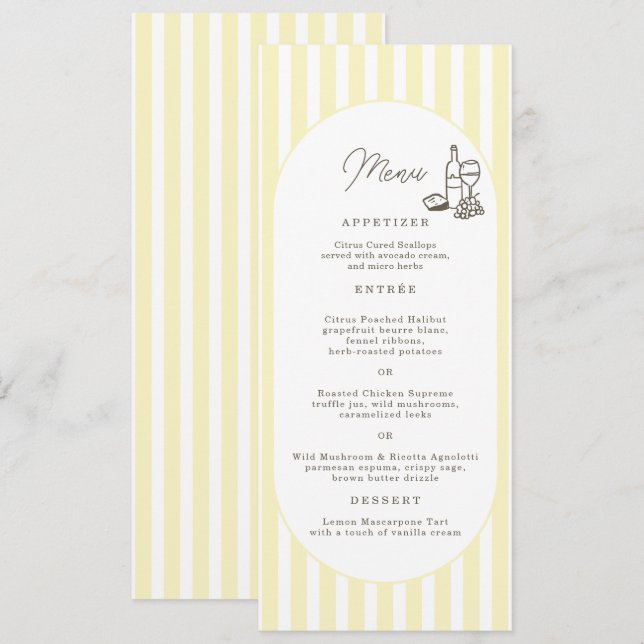 Soft Yellow Striped Elegant Wedding Menu Card (Front/Back)