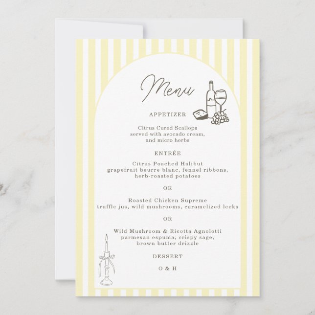 Soft Yellow Striped Elegant Wedding Menu Card (Front)