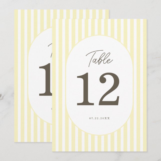 Soft Yellow Striped Elegant Wedding Table Number (Front/Back)