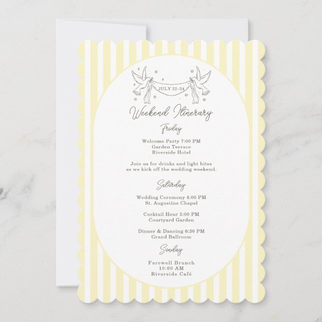 Soft Yellow Striped Wedding Itinerary Card (Front)