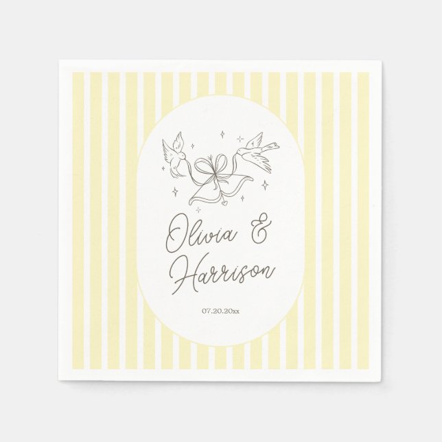 Soft Yellow Striped Whimsical Wedding Napkins (Front)