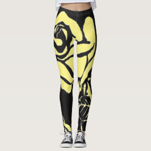 Soft yellow woodcut rose on a black background leggings