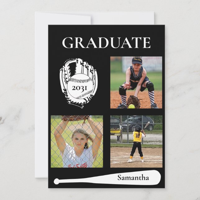 Softball 3 Photo Black Graduation Flat Card (Front)