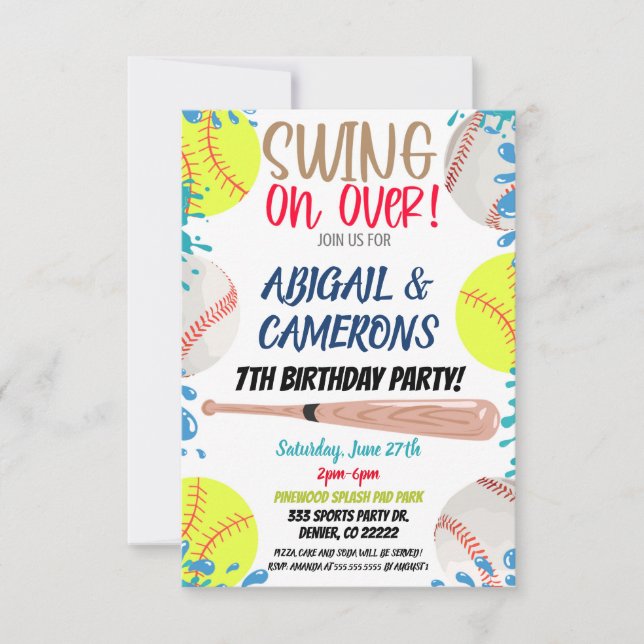 Softball and Baseball Party Invitation (Front)