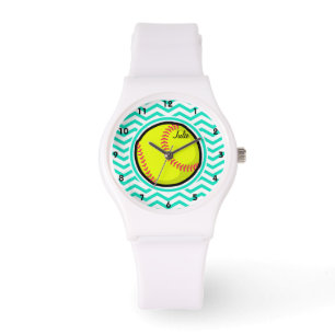 Softball; Aqua Green Chevron Watch