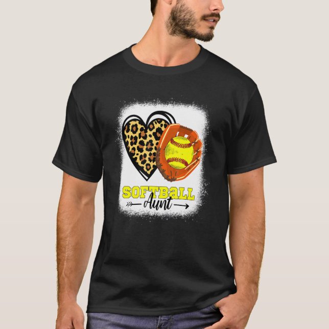 Softball Aunt Bleached Leopard Heart Glove Softbal T-Shirt (Front)