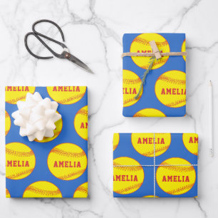Softball Ball Player Kids Name Birthday Wrapping Paper Sheet
