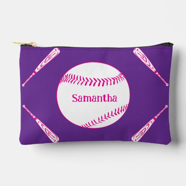 Softball Bat and Ball Pink and Purple Accessory Pouch (Front)