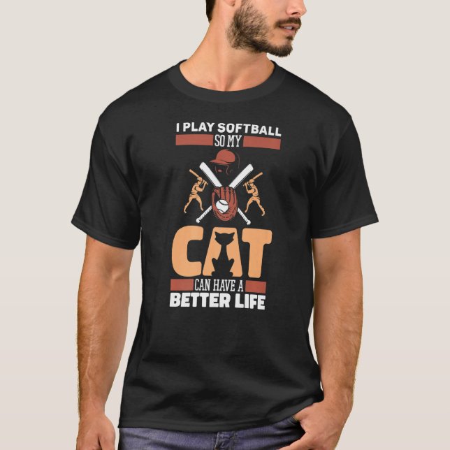 Softball Cat Pitcher Catcher Batter  Softball T-Shirt (Front)
