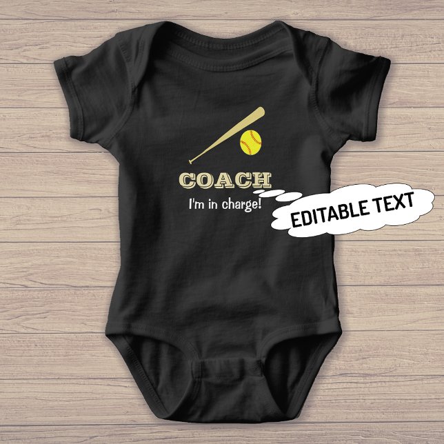 Softball coach fun custom name sports baby bodysuit (The sample shows the black bodysuit with the 'vivid printing' option)