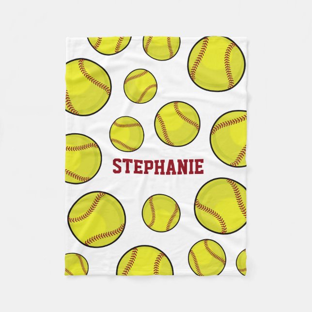 Softball Fan Custom Name White Fleece Blanket (Front)