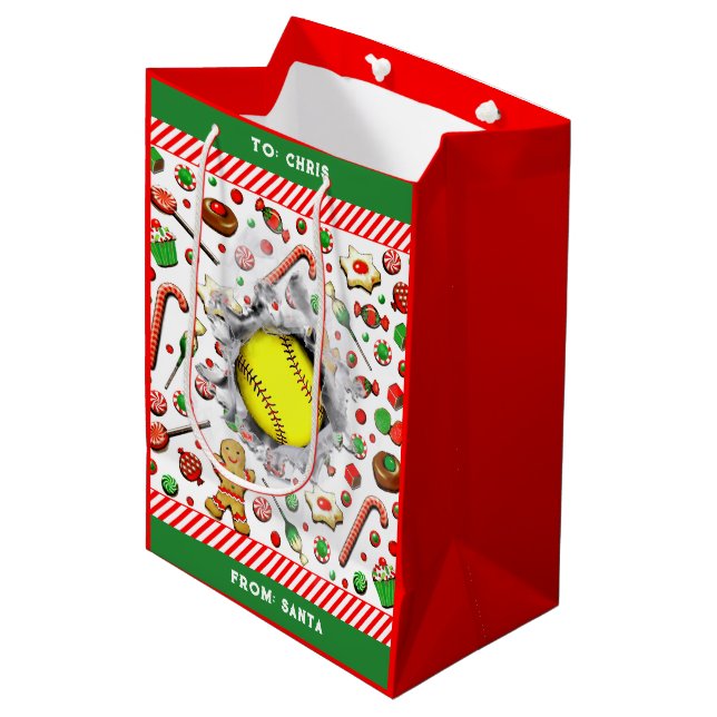 Softball Fastpitch Christmas Holiday Medium Gift Bag (Front Angled)