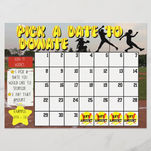 Softball Fundraiser Calendar "Pick A Date" Donate Invitation (Front)