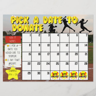 Softball Fundraiser Calendar "Pick A Date" Donate Invitation