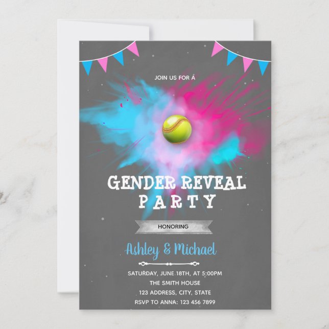 Softball gender reveal party invitation (Front)